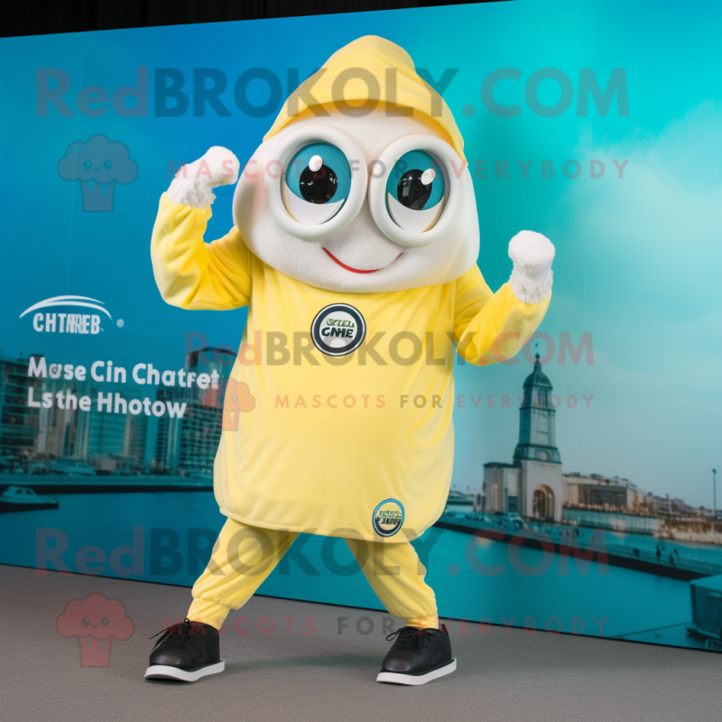 Lemon Yellow Clam Chowder mascot costume character dressed with a Joggers and Digital watches Lemon Yellow Clam Chowder mascot costume character dressed with a Joggers and Digital watches