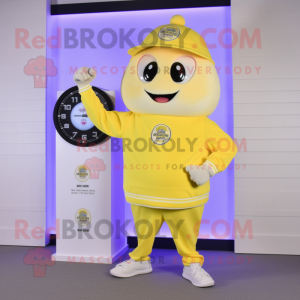 Lemon Yellow Clam Chowder mascot costume character dressed with a Joggers and Digital watches