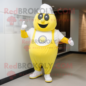 Lemon Yellow Clam Chowder mascot costume character dressed with a Joggers and Digital watches