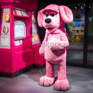 Pink Dog mascot costume character dressed with a Raincoat and Coin purses