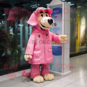 Pink Dog mascot costume character dressed with a Raincoat and Coin purses