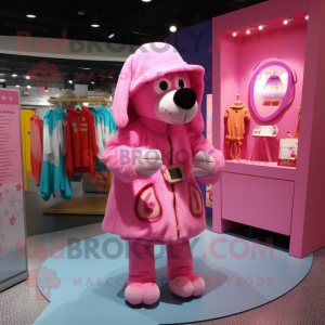 Pink Dog mascot costume character dressed with a Raincoat and Coin purses
