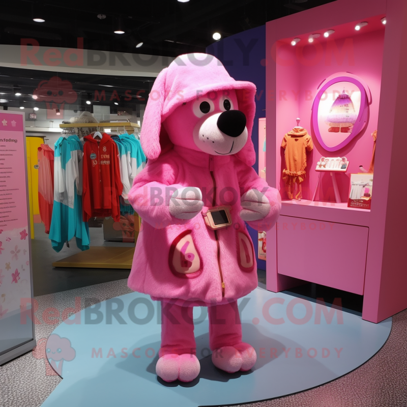 Pink Dog mascot costume character dressed with a Raincoat and Coin purses Pink Dog mascot costume character dressed with a Raincoat and Coin purses