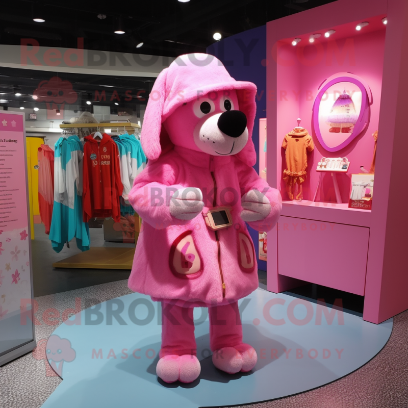 Pink Dog mascot costume character dressed with a Raincoat and Coin purses