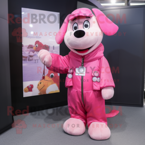 Pink Dog mascot costume character dressed with a Raincoat and Coin purses