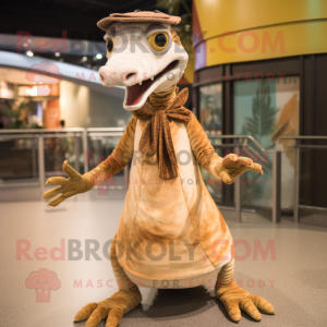Beige Coelophysis mascot costume character dressed with a Circle Skirt and Mittens