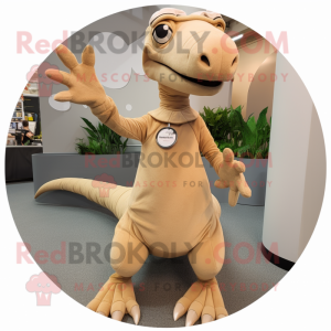 Beige Coelophysis mascot costume character dressed with a Circle Skirt and Mittens