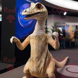 Beige Coelophysis mascot costume character dressed with a Circle Skirt and Mittens