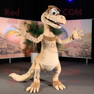 Beige Coelophysis mascot costume character dressed with a Circle Skirt and Mittens