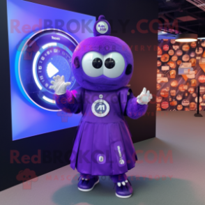 Purple Alliance mascot costume character dressed with a Midi Dress and Digital watches