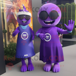 Purple Alliance mascot costume character dressed with a Midi Dress and Digital watches