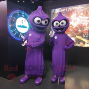 Purple Alliance mascot costume character dressed with a Midi Dress and Digital watches