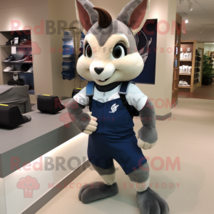 Navy Squirrel mascot costume character dressed with a Running Shorts and Backpacks