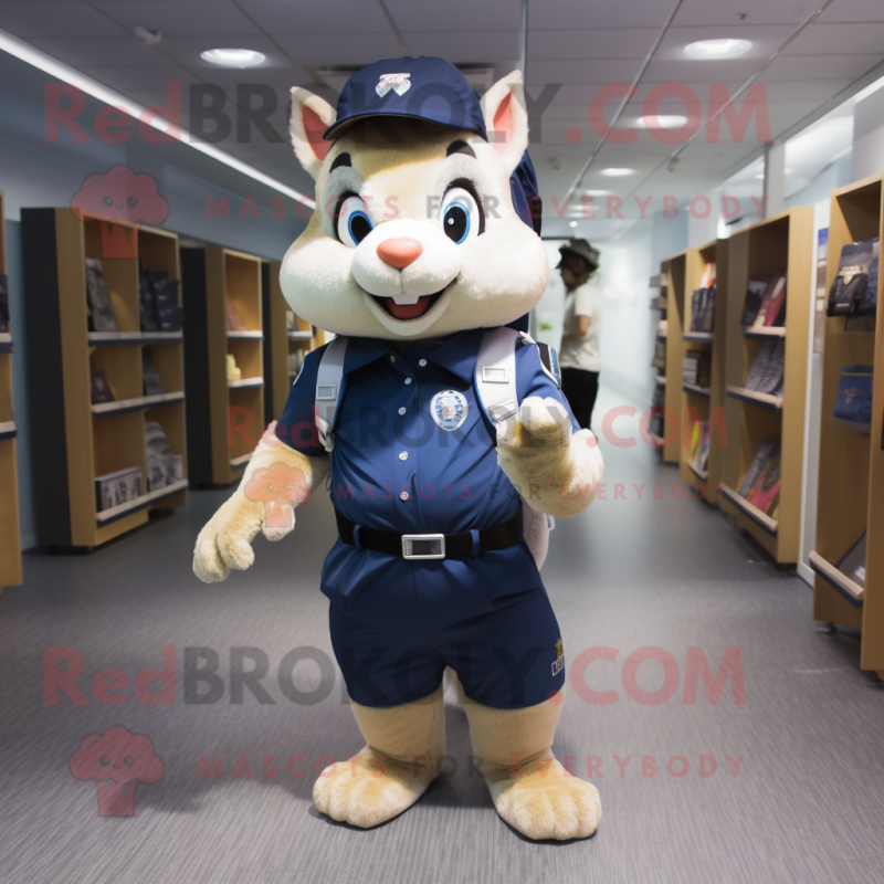 Navy Squirrel mascot costume character dressed with a Running Shorts and Backpacks