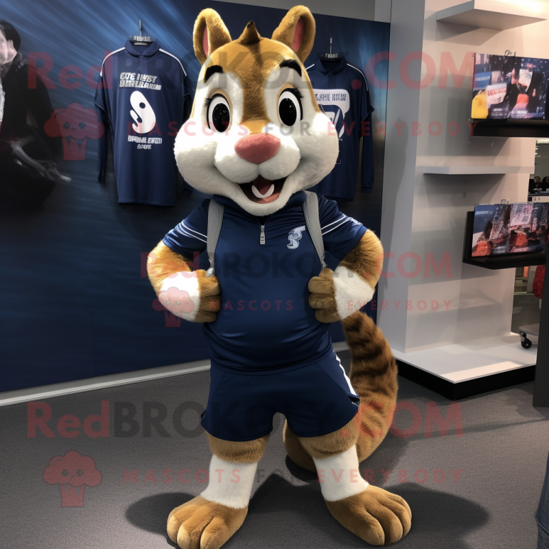 Navy Squirrel mascot costume character dressed with a Running Shorts and Backpacks