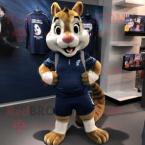 Navy Squirrel mascot costume character dressed with a Running Shorts and Backpacks