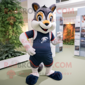 Navy Squirrel mascot costume character dressed with a Running Shorts and Backpacks