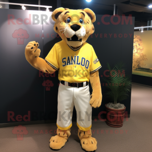 Yellow Smilodon mascot costume character dressed with a Baseball Tee and Tie pins