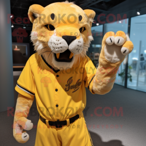 Gul Smilodon maskot kostym...