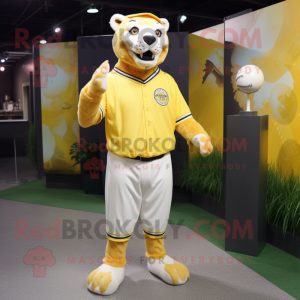 Yellow Smilodon mascot costume character dressed with a Baseball Tee and Tie pins