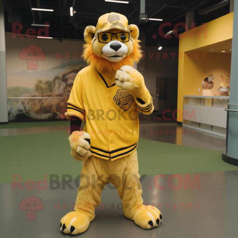 Yellow Smilodon mascot costume character dressed with a Baseball Tee and Tie pins