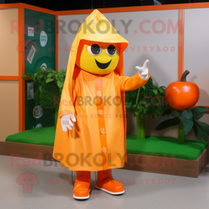 Orange Pepper mascot costume character dressed with a Raincoat and Beanies