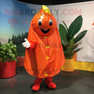 Orange Pepper mascot costume character dressed with a Raincoat and Beanies