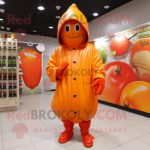 Orange Pepper mascot costume character dressed with a Raincoat and Beanies