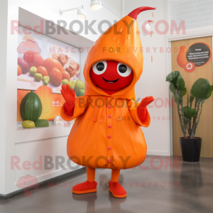 Orange Pepper mascot costume character dressed with a Raincoat and Beanies