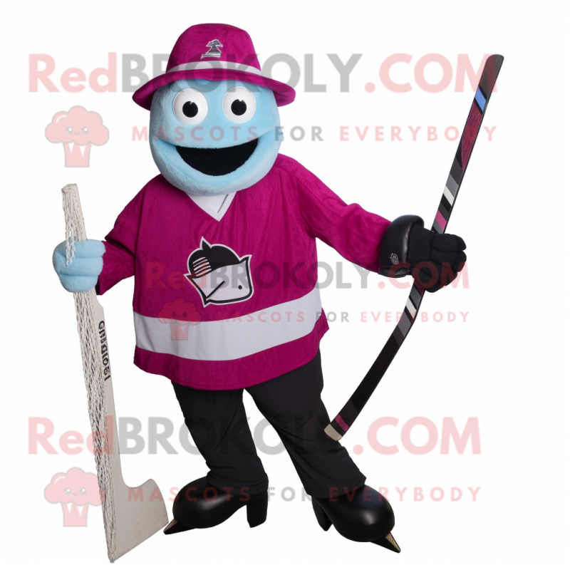 Magenta Ice Hockey Stick mascot costume character dressed with a Suit Jacket and Coin purses