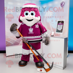 Magenta Ice Hockey Stick mascot costume character dressed with a Suit Jacket and Coin purses