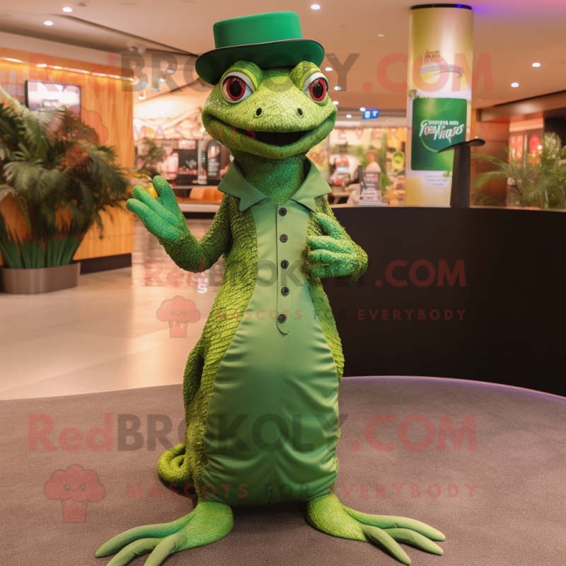 Olive Lizard mascot costume character dressed with a Evening Gown and Caps