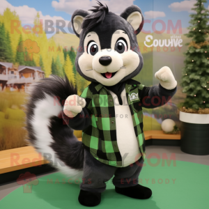 Olive Skunk mascot costume character dressed with a Flannel Shirt and Rings