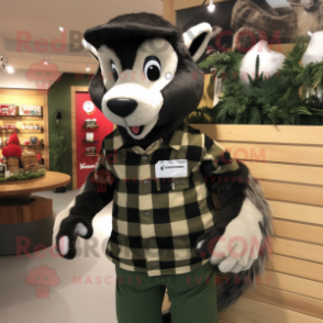 Olive Skunk mascot costume character dressed with a Flannel Shirt and Rings