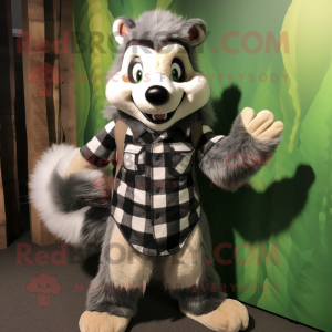Olive Skunk mascot costume character dressed with a Flannel Shirt and Rings