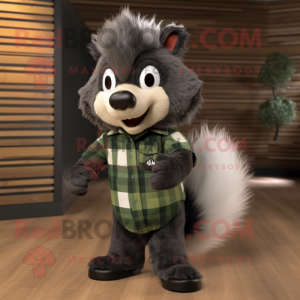 Olive Skunk mascot costume character dressed with a Flannel Shirt and Rings