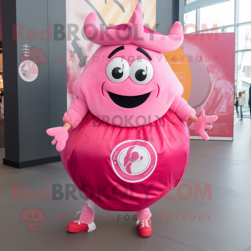 Pink Goulash mascot costume character dressed with a Circle Skirt and Backpacks Pink Goulash mascot costume character dressed with a Circle Skirt and Backpacks
