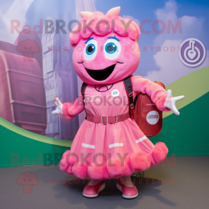 Pink Goulash mascot costume character dressed with a Circle Skirt and Backpacks