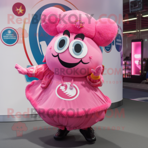 Pink Goulash mascot costume character dressed with a Circle Skirt and Backpacks