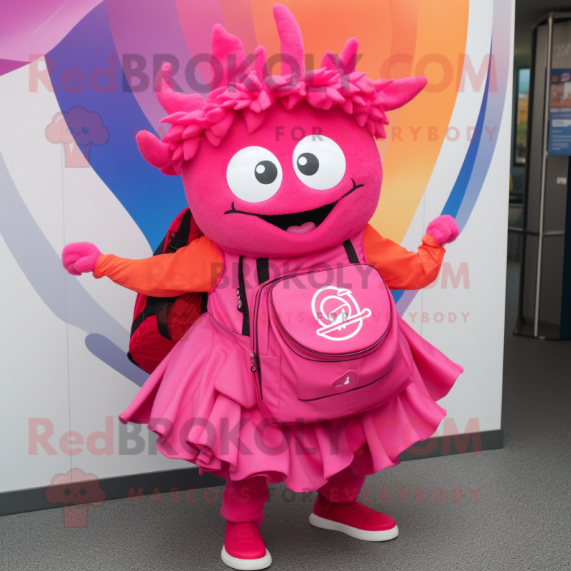 Pink Goulash mascot costume character dressed with a Circle Skirt and Backpacks