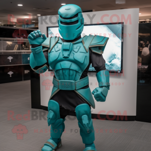 Teal Spartan Soldier mascot costume character dressed with a V-Neck Tee and Earrings