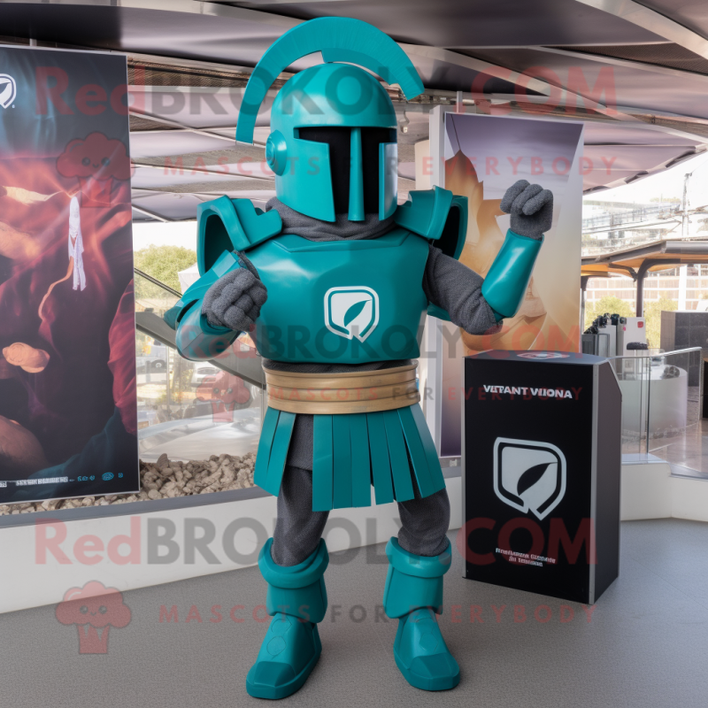 Teal Spartan Soldier mascot costume character dressed with a V-Neck Tee and Earrings Teal Spartan Soldier mascot costume character dressed with a V-Neck Tee and Earrings