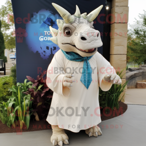 Cream Triceratops mascot costume character dressed with a Dress Shirt and Shawls