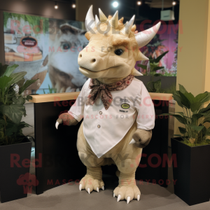 Cream Triceratops mascot costume character dressed with a Dress Shirt and Shawls