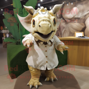 Cream Triceratops mascot costume character dressed with a Dress Shirt and Shawls