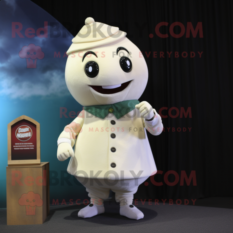 Cream Cherry mascot costume character dressed with a Turtleneck and Lapel pins