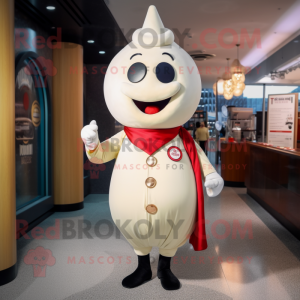 Cream Cherry mascot costume character dressed with a Turtleneck and Lapel pins