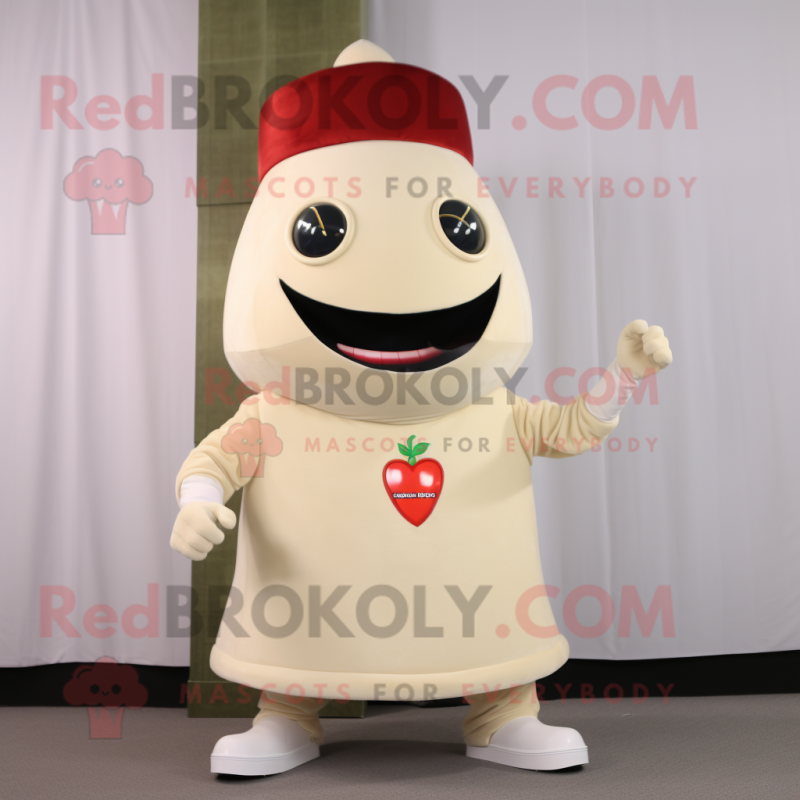 Cream Cherry mascot costume character dressed with a Turtleneck and Lapel pins Cream Cherry mascot costume character dressed with a Turtleneck and Lapel pins