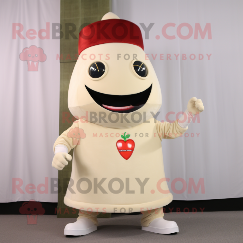 Cream Cherry mascot costume character dressed with a Turtleneck and Lapel pins