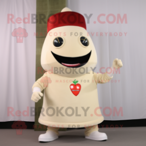 Cream Cherry mascot costume character dressed with a Turtleneck and Lapel pins